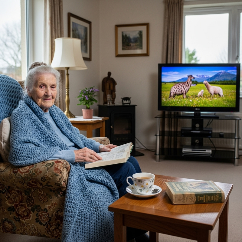 Wisdom and Comfort: Elderly Woman in Cozy Living Room with TV Wisdom and Comfort: Elderly Woman in Cozy Living Room with TV