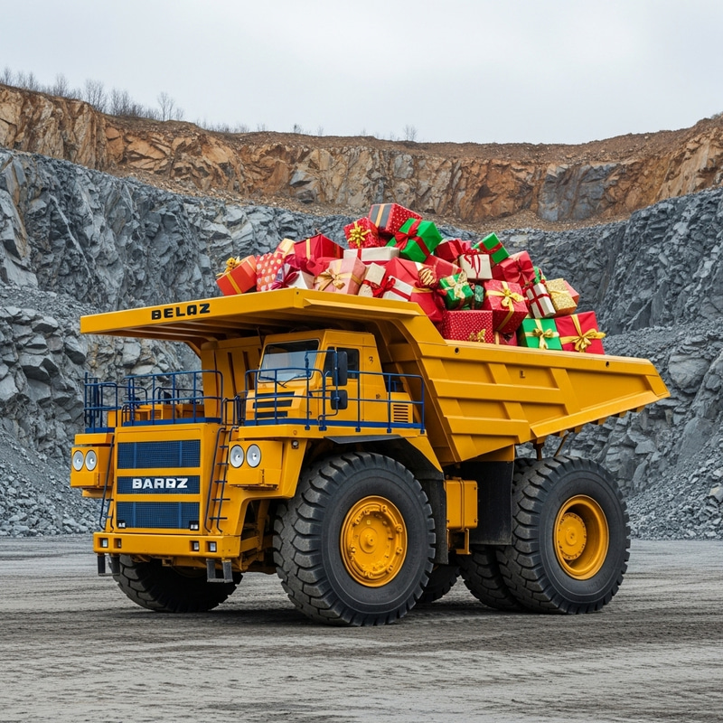 Yellow BELAZ Dump Truck Loaded with Christmas Presents