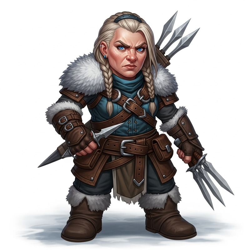 Stern Female Dwarf Rogue in Northern Attire Stern Female Dwarf Rogue in Northern Attire