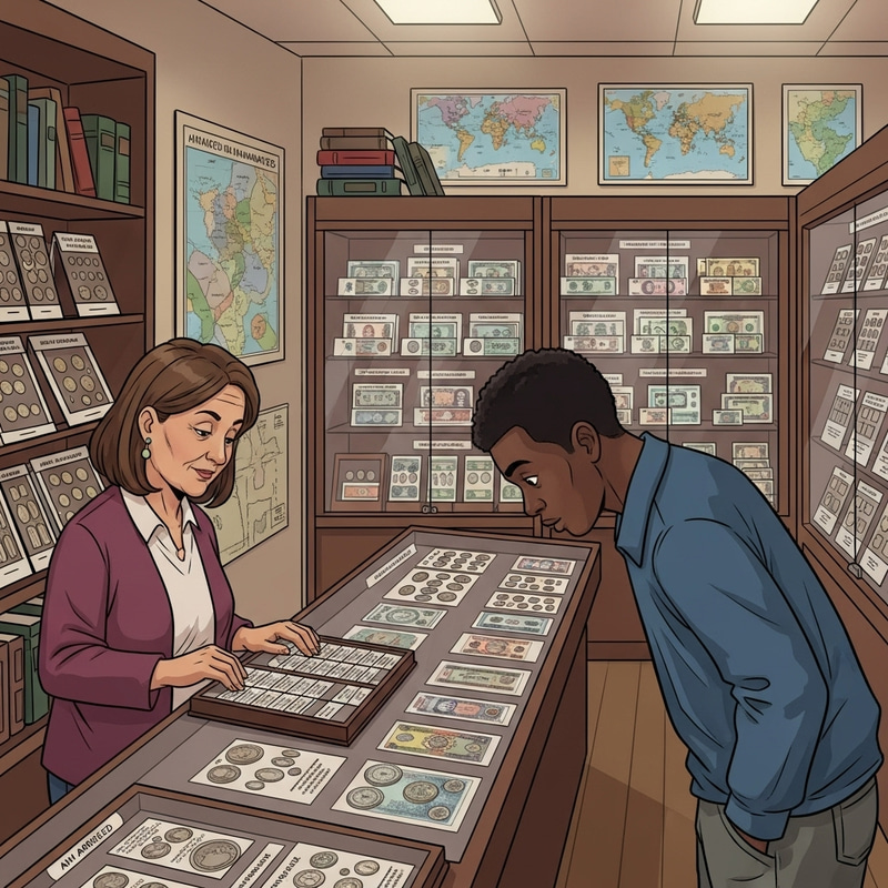 Numismatics Shop: Rare Coins and Collectibles Display