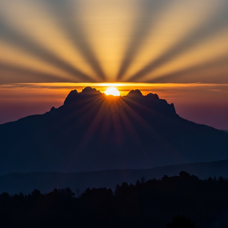 Mountain Sunrise Silhouette with Sun Rays Mountain Sunrise Silhouette with Sun Rays