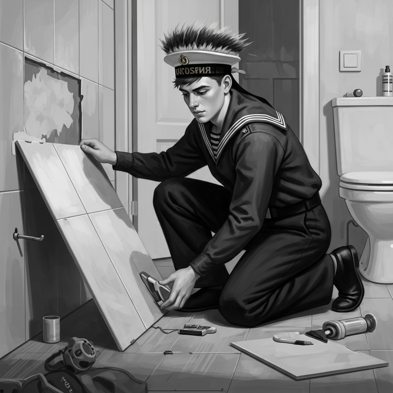 Vintage Sailor Man Renovating with Modern Tiles in Apartment Vintage Sailor Man Renovating with Modern Tiles in Apartment