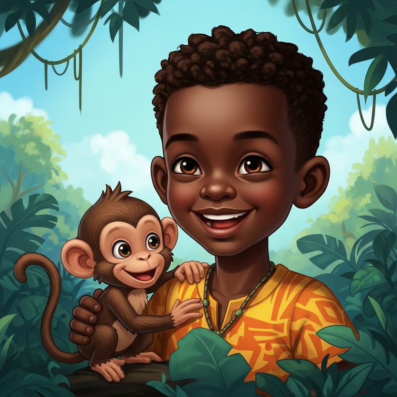 Black Boy and Monkey Having Fun in Cartoon Jungle Black Boy and Monkey Having Fun in Cartoon Jungle
