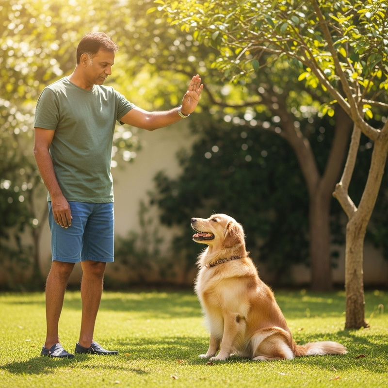 Golden Retriever Training: Man Commands Dog to Sit Outdoors Golden Retriever Training: Man Commands Dog to Sit Outdoors