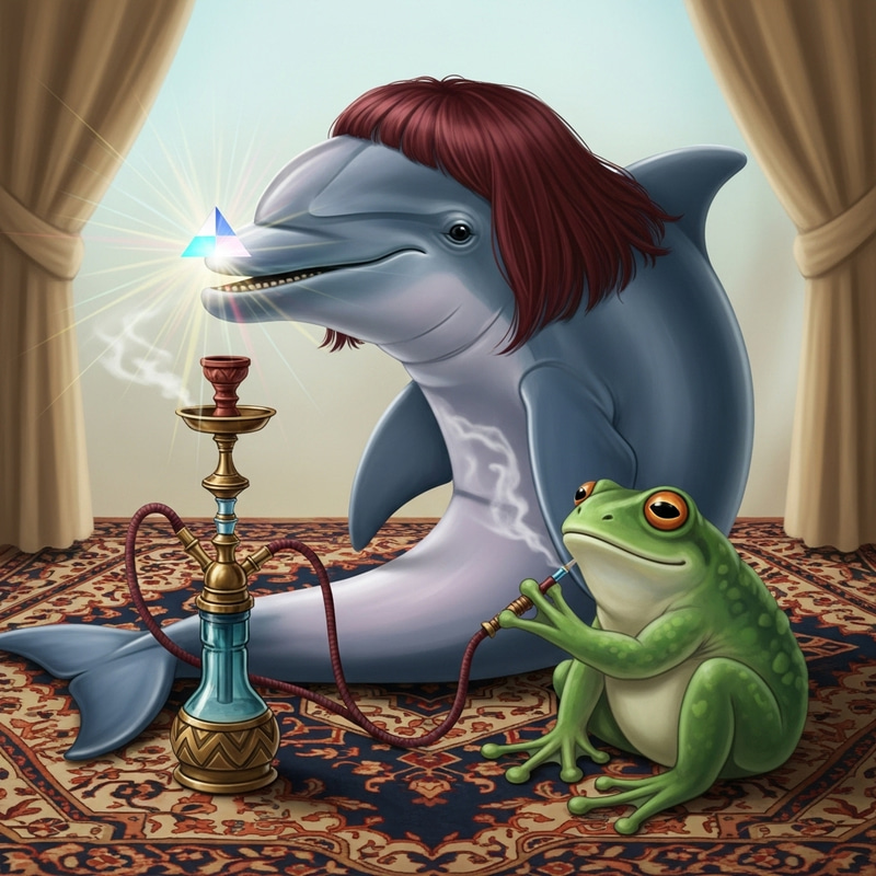 Wise Dolphin and Frog Conversing on Carpet with Hookah Wise Dolphin and Frog Conversing on Carpet with Hookah