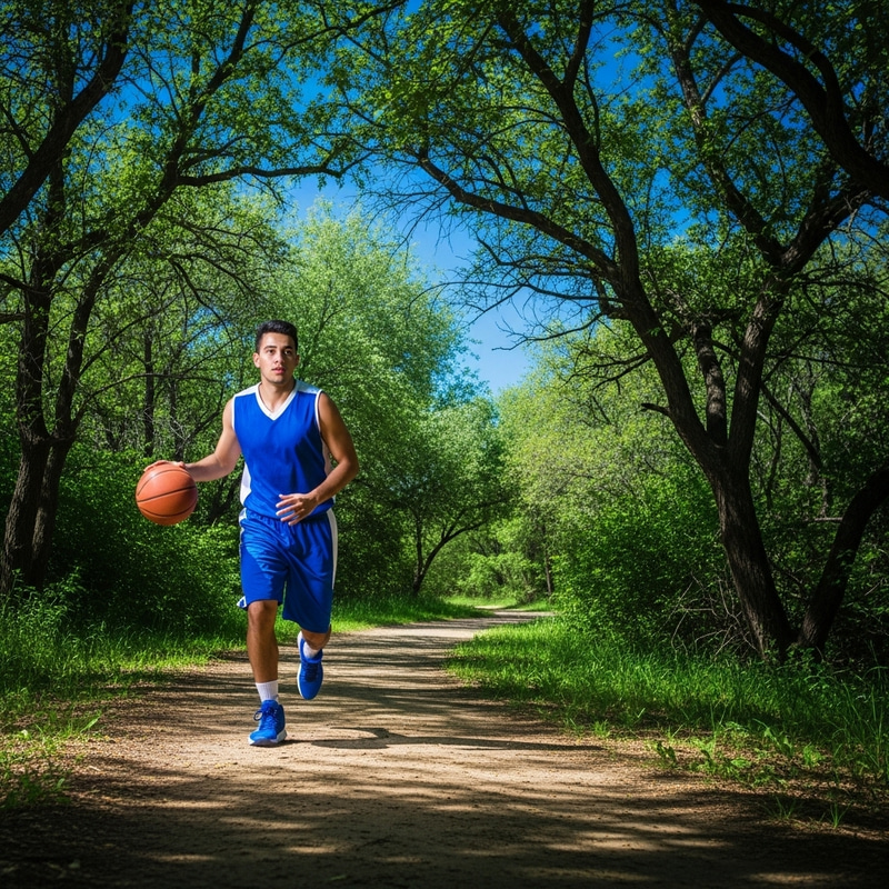 Hispanic Basketball Player in Nature | Blue and Green Colors Hispanic Basketball Player in Nature | Blue and Green Colors