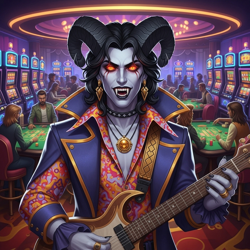 Tiefling Bard with Vampiric Features in Casino Glamour