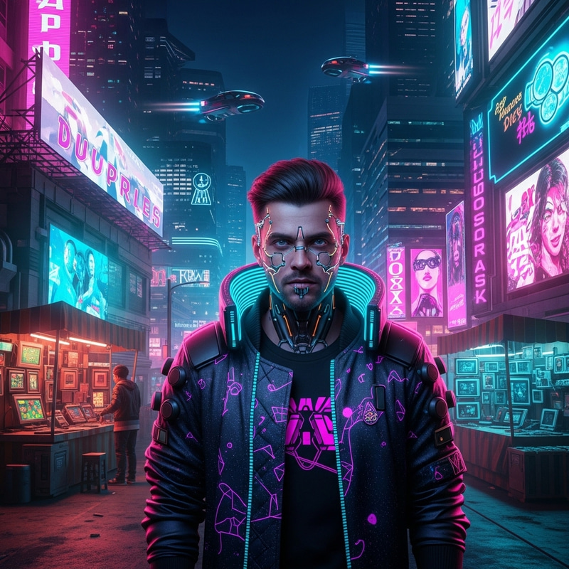 Cyberpunk Man - Futuristic 30-Year-Old in Neon Prosthetics