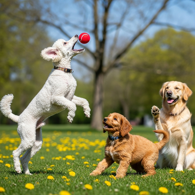 French Poodle and Golden Doodle Playing Ball French Poodle and Golden Doodle Playing Ball
