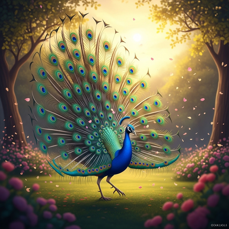 Majestic Peacock Dance in Sunrise Garden Majestic Peacock Dance in Sunrise Garden