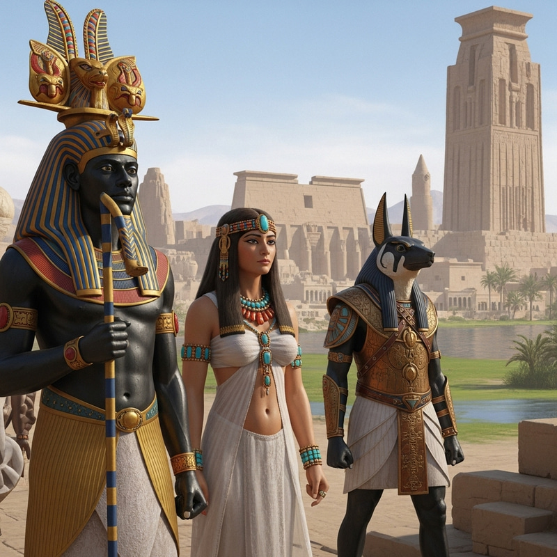 Realistic Depiction of Egyptian Gods in Traditional Art Realistic Depiction of Egyptian Gods in Traditional Art