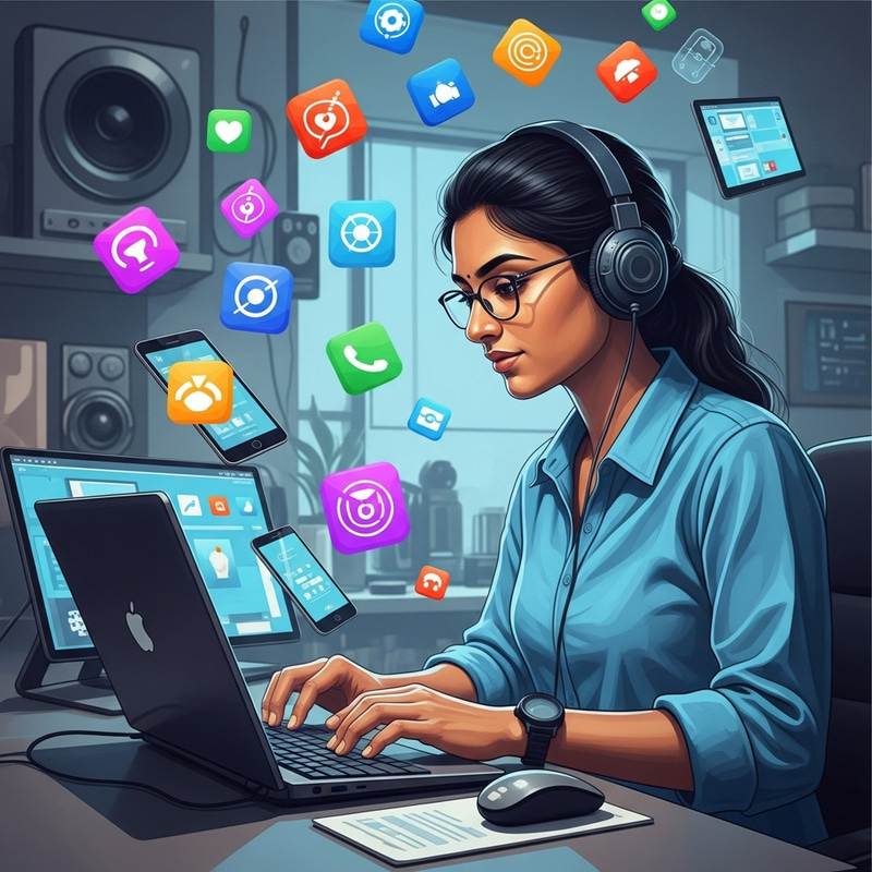 Developer Surrounded by Colorful Apps | Mobile Applications Illustration