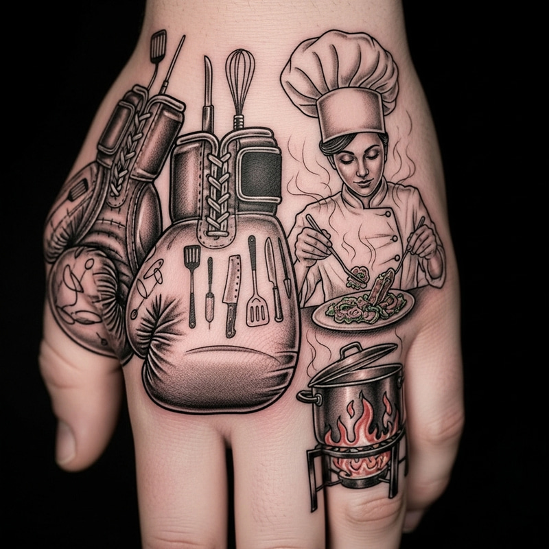 Unique Hand Tattoo Design: Boxing Meets Culinary Arts Unique Hand Tattoo Design: Boxing Meets Culinary Arts
