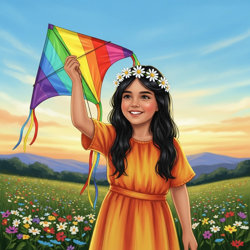 Rainbow Kite Girl in Joyful Meadow Scene Rainbow Kite Girl in Joyful Meadow Scene
