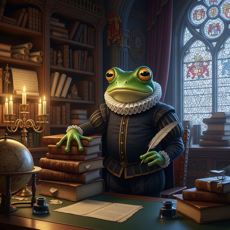 Machiavelli Frog: Green Anthropomorphic Figure in Renaissance Setting Machiavelli Frog: Green Anthropomorphic Figure in Renaissance Setting