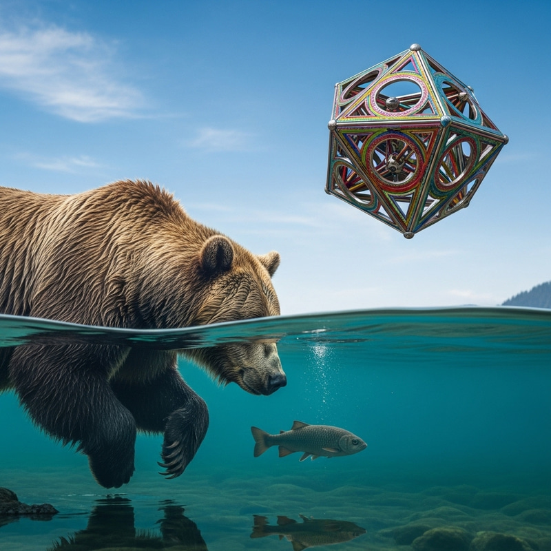 Majestic Grizzly Bear Fishing in Clear Water | Vibrant Geometric Relic
