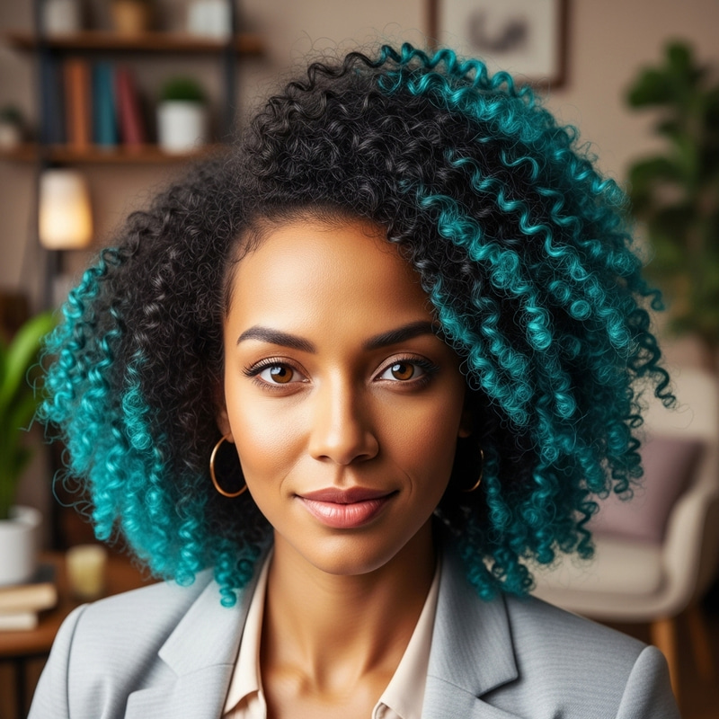 Mulatto Psychologist with Dark Brown 4B Hair - Afro-Textured with Teal-Tipped Ends