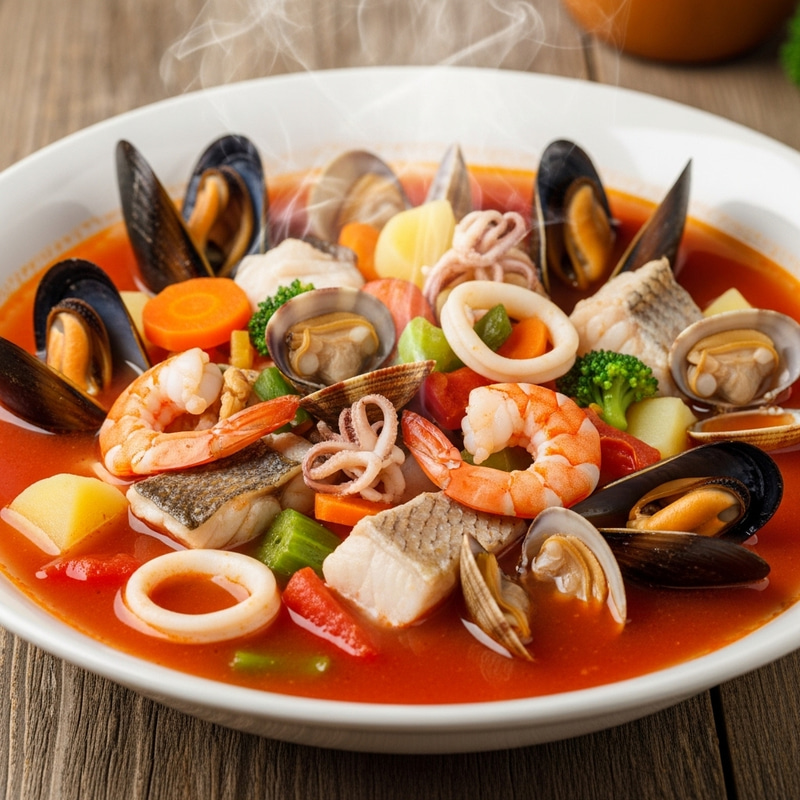 Delicious Seafood Soup in Bowl - 8k Resolution | Rustic Setting Delicious Seafood Soup in Bowl - 8k Resolution | Rustic Setting