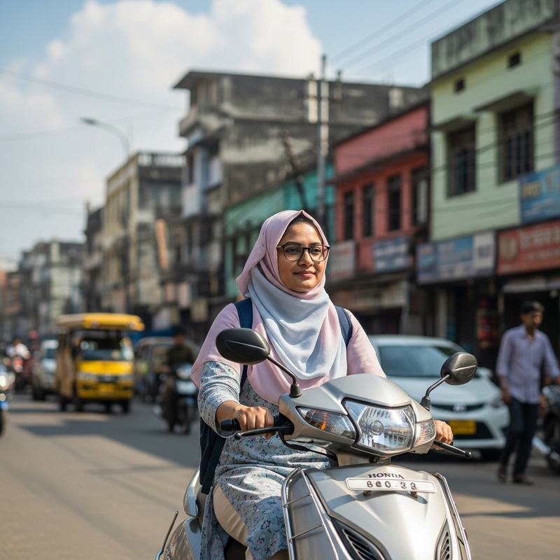 South Asian Woman Teacher Riding Motorbike - Multicultural Educator in Hijab and Glasses South Asian Woman Teacher Riding Motorbike - Multicultural Educator in Hijab and Glasses