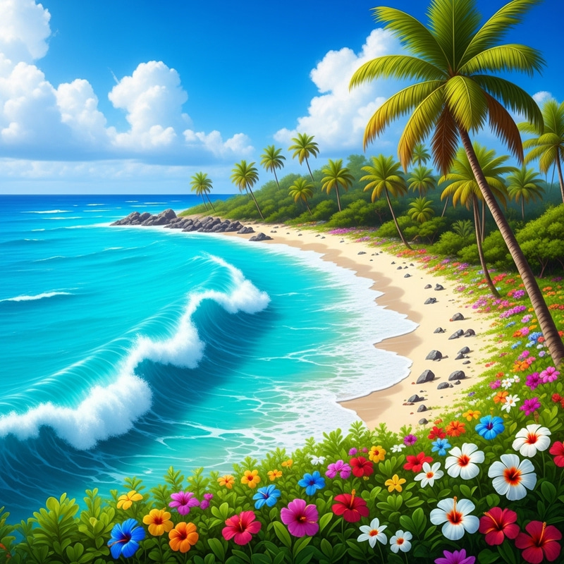 Tropical Island: Vibrant Waves, Sandy Shores & Lush Greenery Tropical Island: Vibrant Waves, Sandy Shores & Lush Greenery