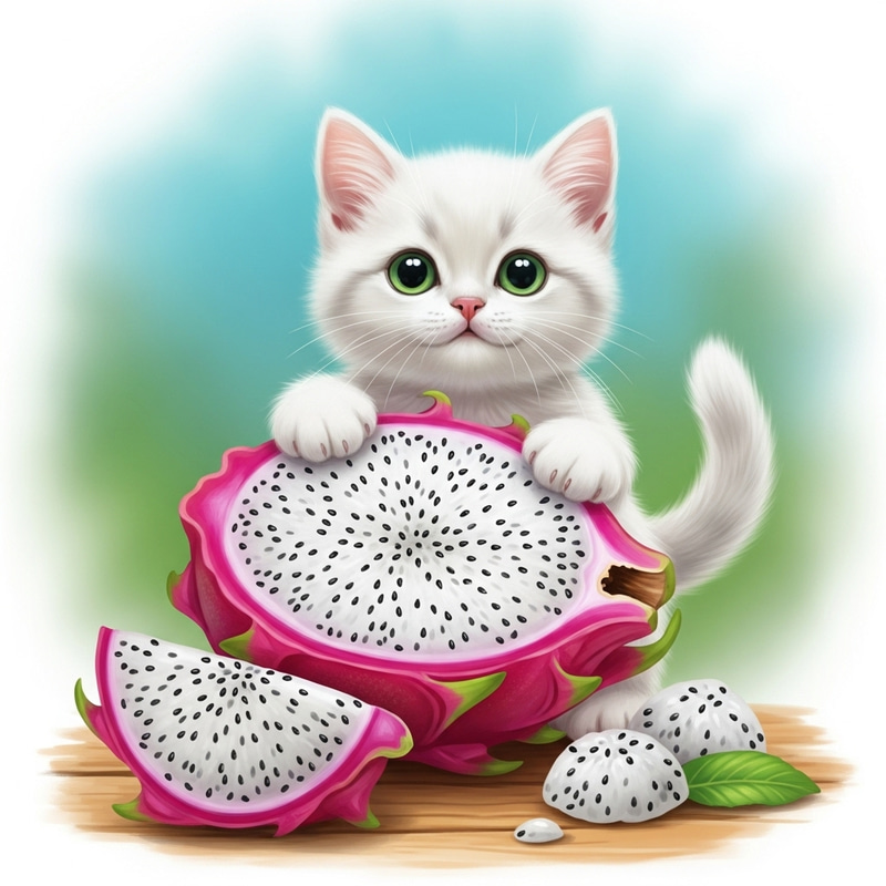 Adorable Kitten and Pitahaya: Curious White Fur with Dragon Fruit Adorable Kitten and Pitahaya: Curious White Fur with Dragon Fruit
