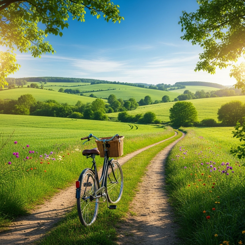 Tranquil Countryside Landscape with Classic Bicycle Tranquil Countryside Landscape with Classic Bicycle
