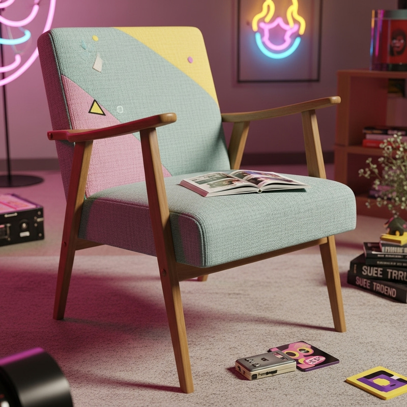 90s Style Wooden Chair with Geometric Patterns