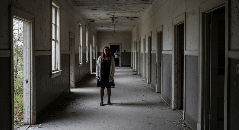 Spectral Figure Haunting Abandoned School - Eerie Black and White Photography Spectral Figure Haunting Abandoned School - Eerie Black and White Photography
