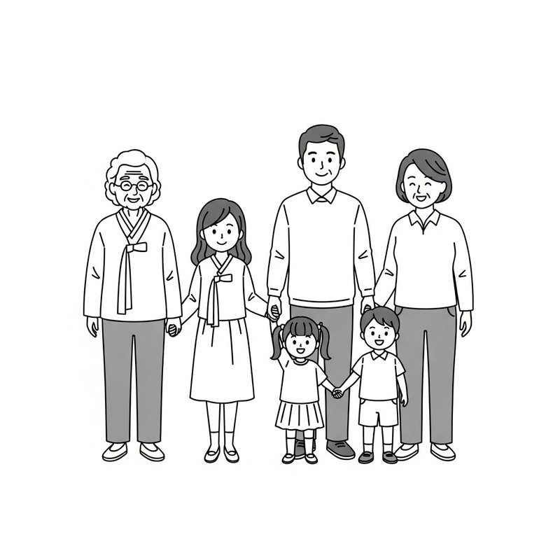 Korean Family Illustration: Togetherness in Black & White
