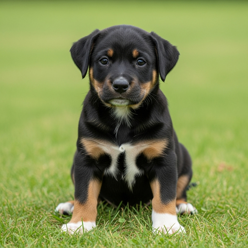 Cute Black Puppy with White Paws on Green Field