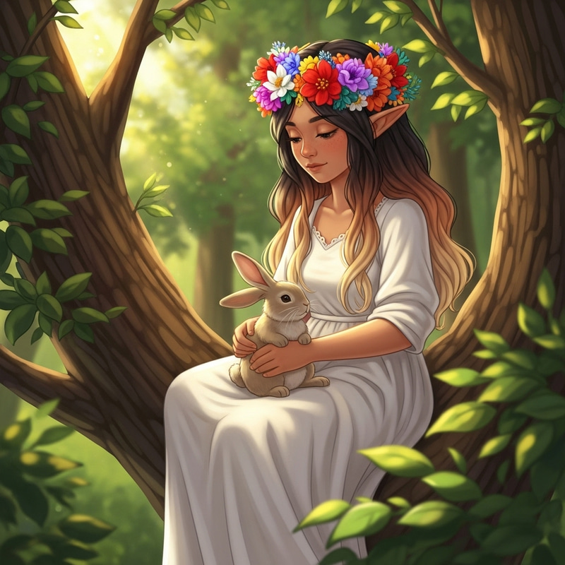 Enchanting Light Brown Elven Girl with Flower Crown and Bunny in Tree Enchanting Light Brown Elven Girl with Flower Crown and Bunny in Tree