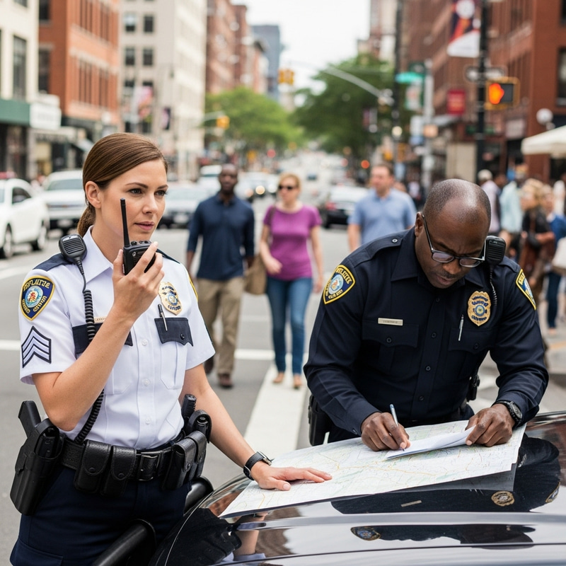 Diverse Police Officers on Duty: City Street Scene Diverse Police Officers on Duty: City Street Scene