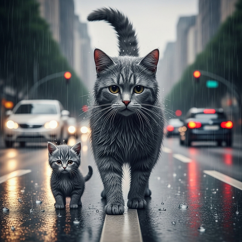 Grey Cat and Kitten Walking Along Road in Rain: Realistic High-Res Imagery