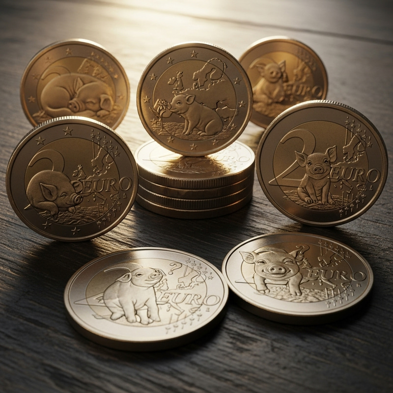 2 Euro Coins with Mini Pigs - Collectible Currency Feature 2 Euro Coins with Mini Pigs - Collectible Currency Feature