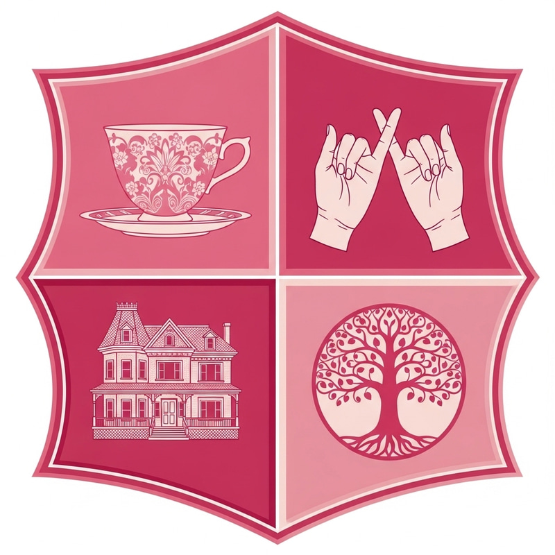 Pink Family Crest with Teacups, Houses, & Tree of Life Pink Family Crest with Teacups, Houses, & Tree of Life