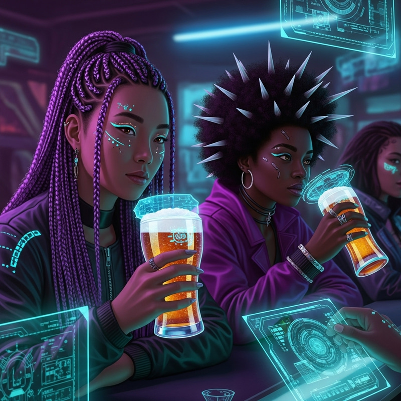 Modern Cyberpunk Witches Drinking Beer | Neon Bar Scene Modern Cyberpunk Witches Drinking Beer | Neon Bar Scene