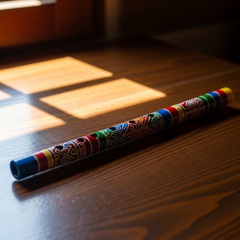 Colorful Folk Flute on Wooden Table | Pito Colorful Folk Flute on Wooden Table | Pito
