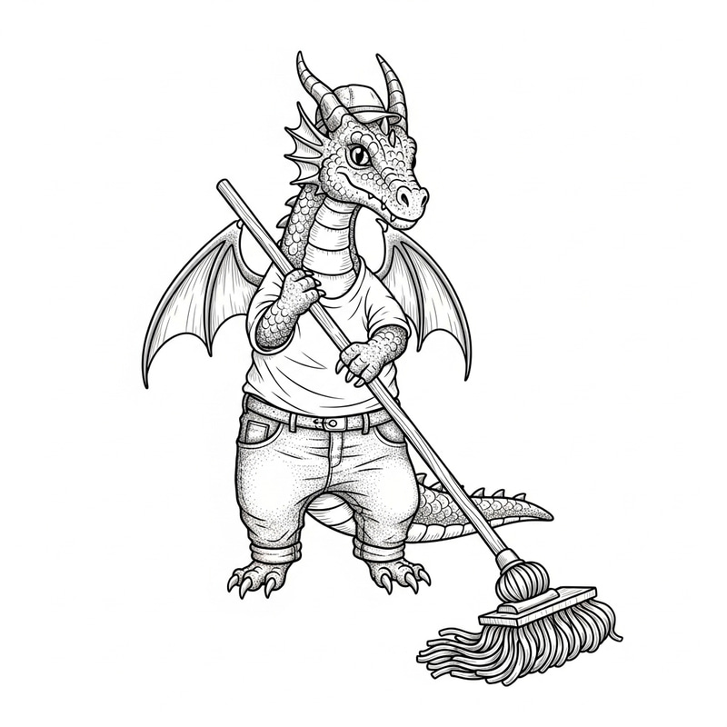 Cute Dragon in Clothes Mopping Illustration Cute Dragon in Clothes Mopping Illustration