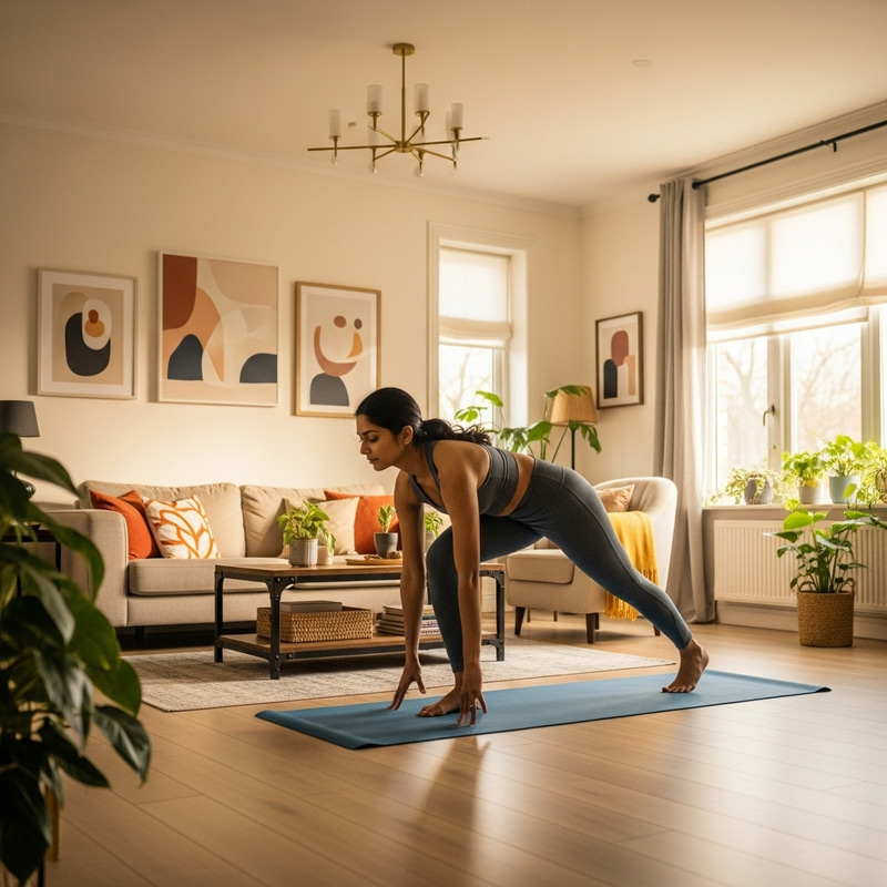 Woman Exercising in Spacious Home Living Room Woman Exercising in Spacious Home Living Room