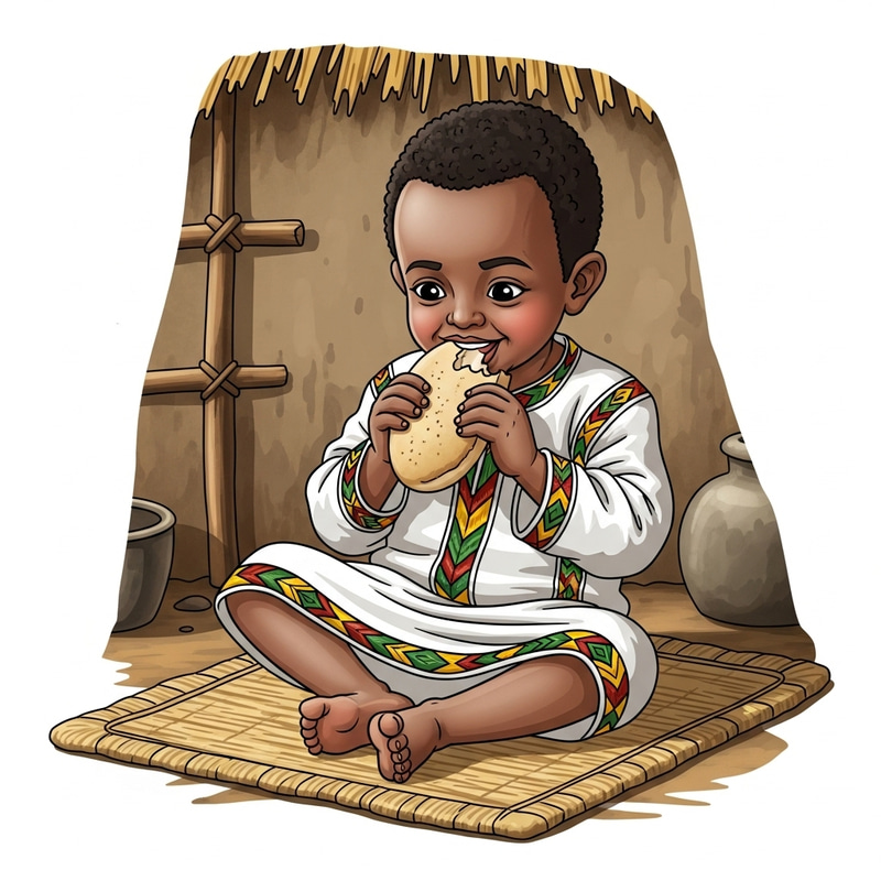 Ethiopian Boy Enjoying Traditional Bread in Rustic Setting