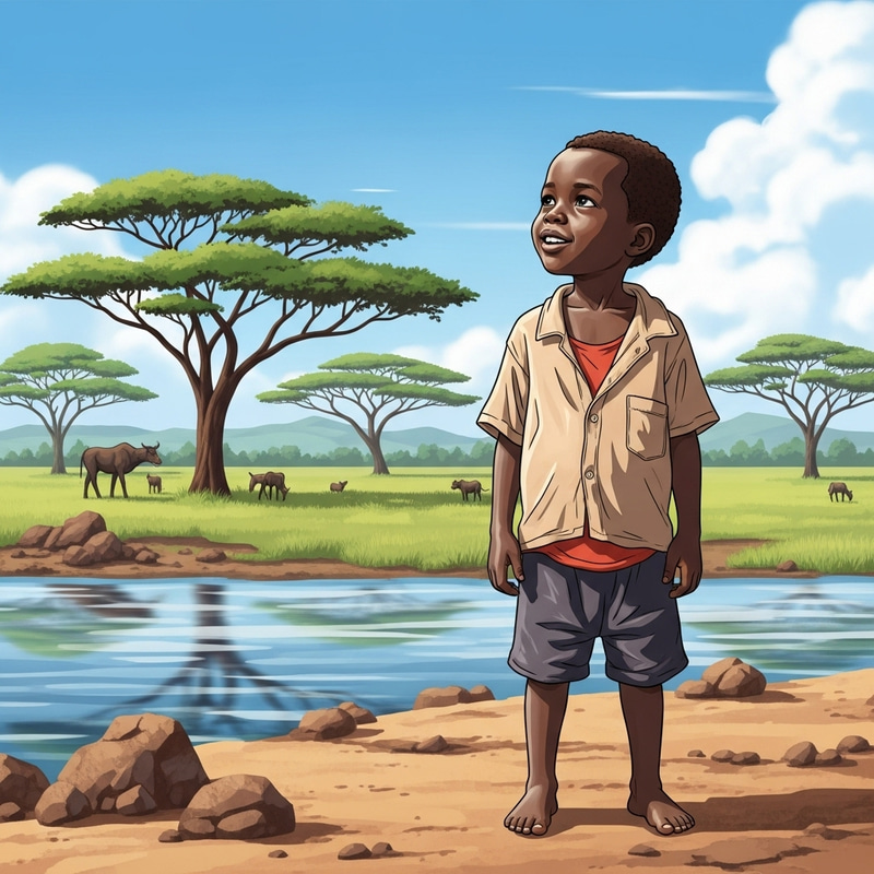 Young African Boy Dreaming of Prosperous Future by the Waterfront Young African Boy Dreaming of Prosperous Future by the Waterfront