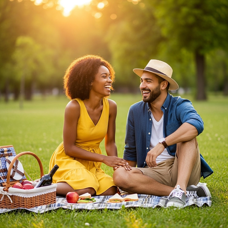 Couple Enjoying Sunset Picnic in Park | Romantic Image Couple Enjoying Sunset Picnic in Park | Romantic Image