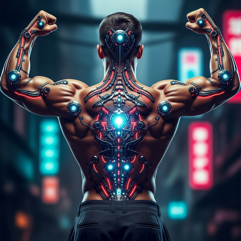 Pumped-Up Cyberpunk Man | Futuristic Body Enhancements and Implants Pumped-Up Cyberpunk Man | Futuristic Body Enhancements and Implants