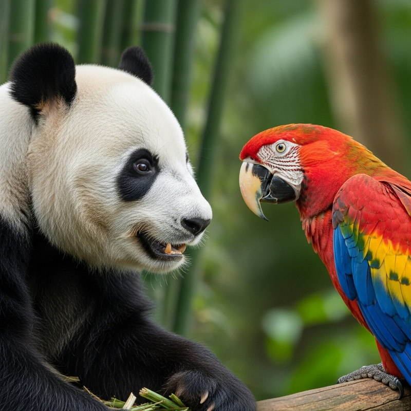 Panda and Parrot: Captivating Animal Face-off Panda and Parrot: Captivating Animal Face-off