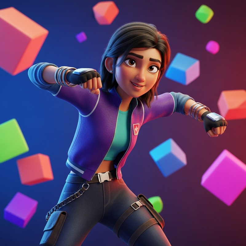 Vibrant Futuristic Girl in 3D Artwork with Geometric Shapes Vibrant Futuristic Girl in 3D Artwork with Geometric Shapes