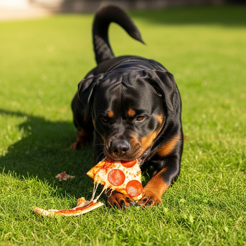 Joyful Rottweiler Devouring Pizza in Sunny Backyard Joyful Rottweiler Devouring Pizza in Sunny Backyard