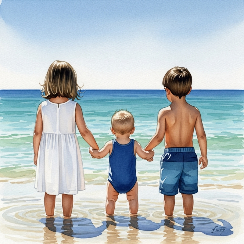 Watercolor Painting of Three Children on Beach - Beautiful Beach Scene Artwork Watercolor Painting of Three Children on Beach - Beautiful Beach Scene Artwork