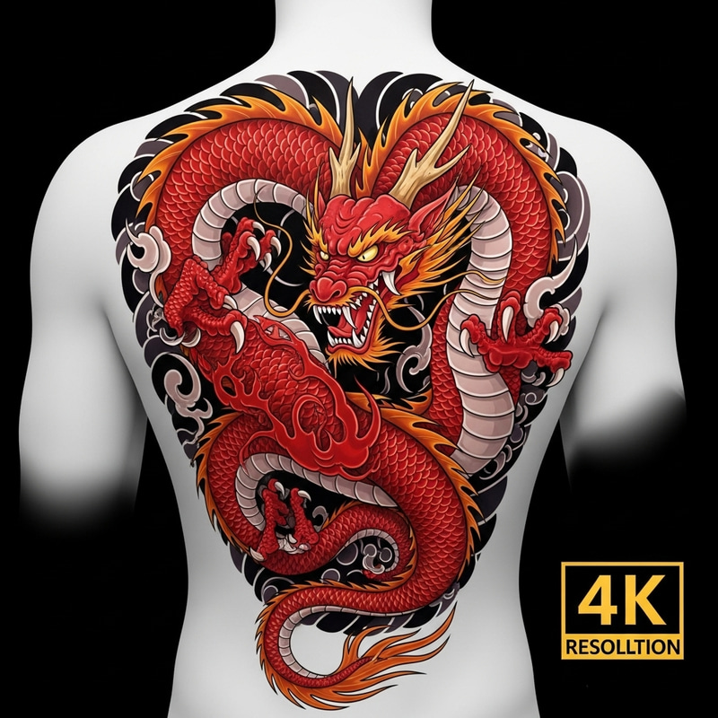 Vibrant Red Dragon Tattoo Design for Back - HD 4K Vibrant Red Dragon Tattoo Design for Back - HD 4K
