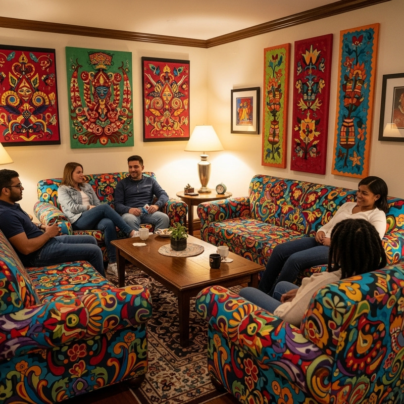 Vibrant Bohemian Living Room Adorned with Frida Kahlo-Inspired Sofas Vibrant Bohemian Living Room Adorned with Frida Kahlo-Inspired Sofas