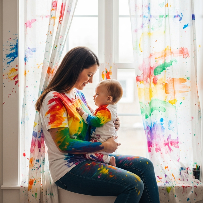 Rainbow Breastfeeding: Serene Moment in Chaos of Colors